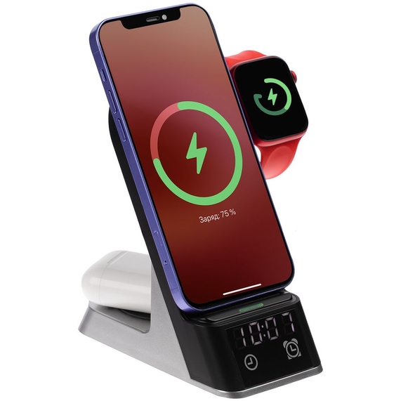 [Зарядная станция с часами E-Store для смартфона, часов и наушников, черная]