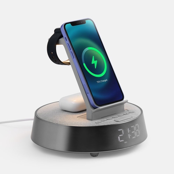 [Bluetooth-колонка с беспроводной зарядкой и часами netEnergy, серая]