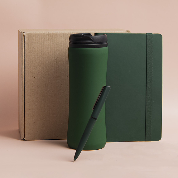 [Набор подарочный OFFICEKIT: термос, ежедневник, ручка, стружка, коробка, зелёный]