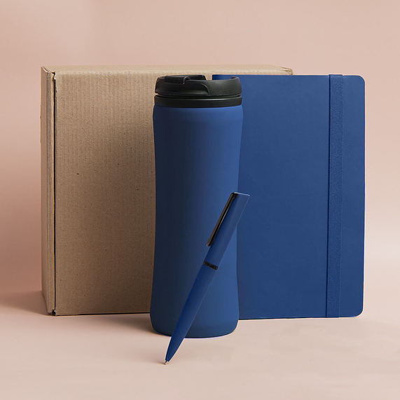 [Набор подарочный OFFICEKIT: термос, ежедневник, ручка, стружка, коробка, синий]