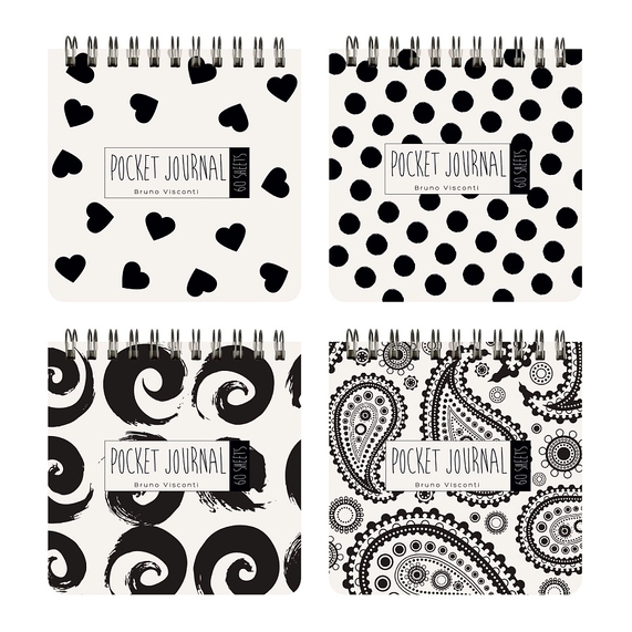 ["POCKET JOURNAL" 105 х 105 мм, 60 Л, (4 ВИДA) НА ГРЕБНЕ "BLACK&WHITE" Белый/Чёрный]