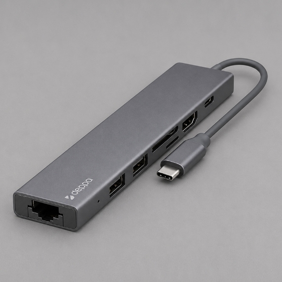[USB Type-C хаб 7-в-1, HDMI, Power Delivery, 2xUSB 3.0, RJ45, microSD/SD]