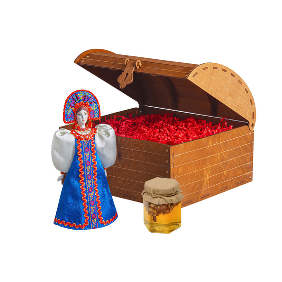 [Подарочный набор: кукла фарфоровая, мёд с гецким орехом]