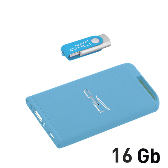 [Набор зарядное "Theta" 4000 mAh + флеш-карта "Vostok" 16Гб  в футляре, голубой, покрытие soft touch]