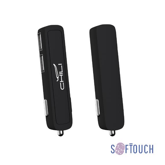 [Автомобильное зарядное устройство "Slam" с 2-мя разъёмами USB, покрытие soft touch]