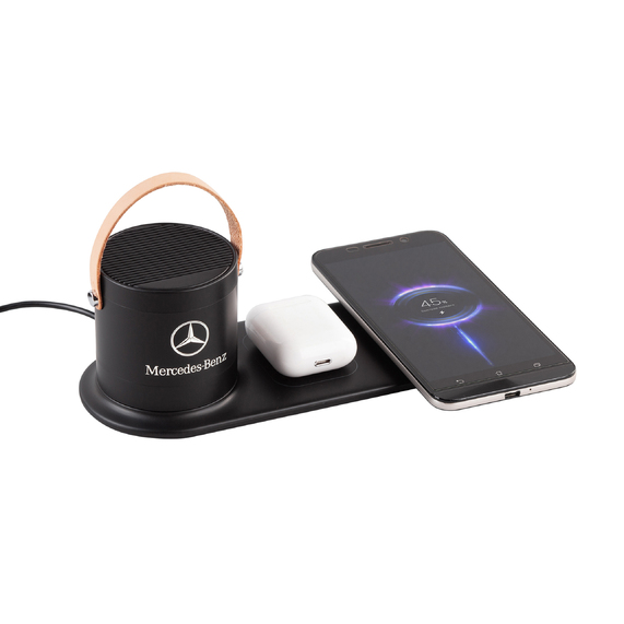 [Настольная беспроводная (15W) зарядная станция "Blacksmith" с bluetooth колонкой с подсветкой логотипа]