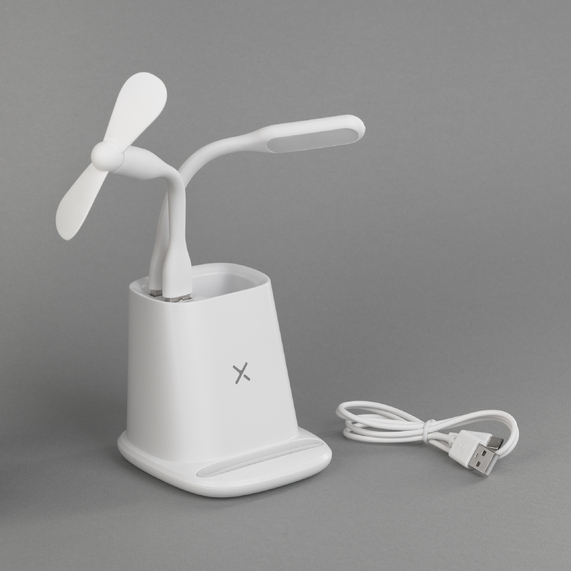 [Карандашница "Smart Stand" с беспроводным зарядным устройством, вентилятором и лампой (2USB разъёма)]