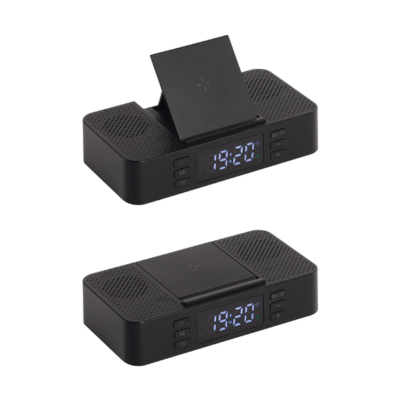[Настольные часы "Smart Box" с bluetooth колонкой (2х3Вт), беспроводным (15W) зарядным устройством и складной подставкой под смартфон]