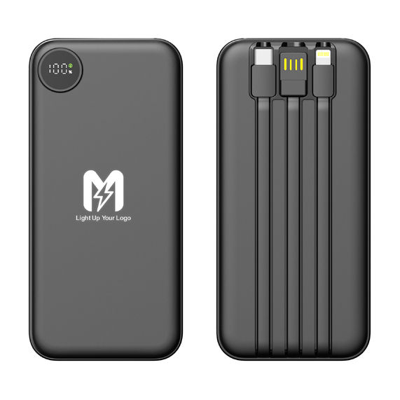 [Зарядное устройство "Форт" 10000 mAh с подсветкой логотипа, встроенными кабелями и цифровым индикатором заряда]