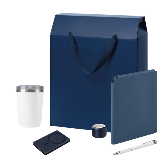 [Подарочный набор Велком Пак Премиум (Welcome Pack Premium), синий (термокружка, колонка, ежедневник, ручка, ЗУ, коробка-пакет)]