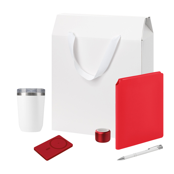 [Подарочный набор Велком Пак Премиум (Welcome Pack Premium), красный (термокружка, колонка, ежедневник, ручка, ЗУ, коробка-пакет)]