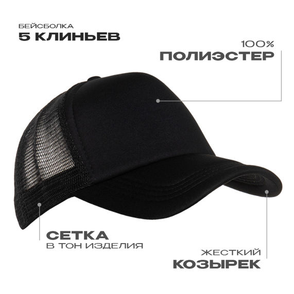 [Бейсболка с сеткой STAN полиэстер, 33, Чёрный, (20) (56-58/ONE SIZE)]