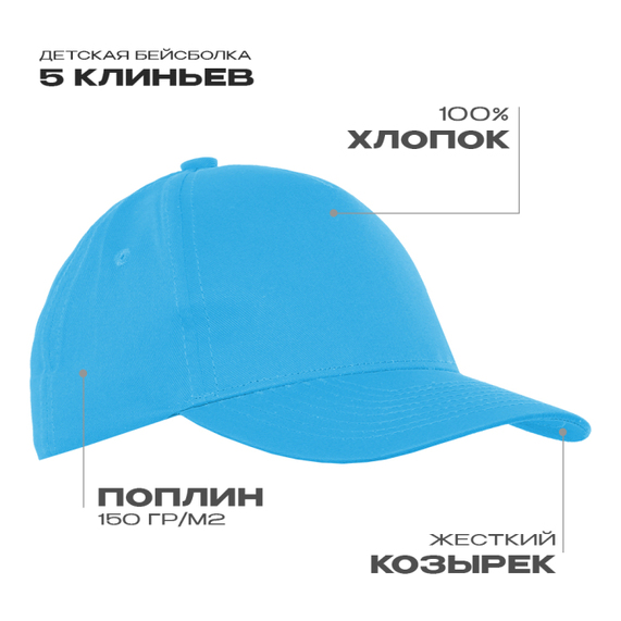 [Бейсболка детская STAN 5 клиньев хлопок 150, 10J, Бирюзовый, (32) (52-54/ONE SIZE)]