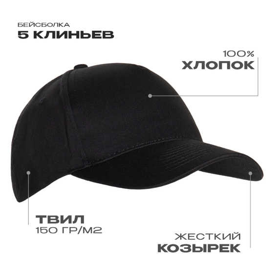 [Бейсболка STAN 5 клиньев хлопок 150, 10L, Чёрный, (20) (56-58/ONE SIZE)]
