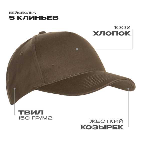 [Бейсболка STAN 5 клиньев хлопок 150, 10L, Хаки, (38/1) (56-58/ONE SIZE)]