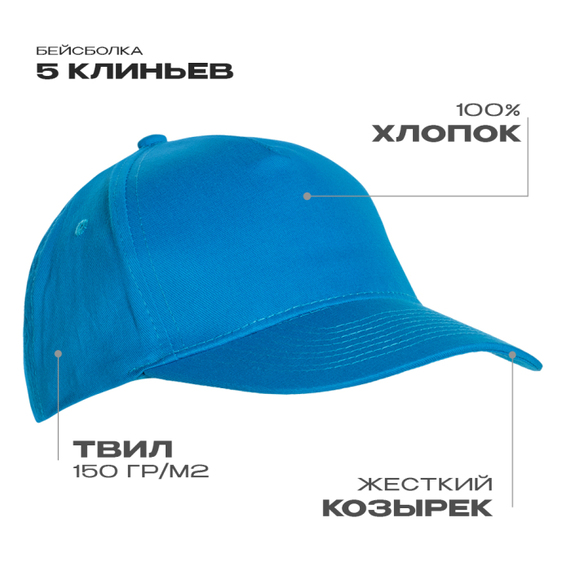 [Бейсболка STAN 5 клиньев хлопок 150, 10L, Лазурный, (40/1) (56-58/ONE SIZE)]