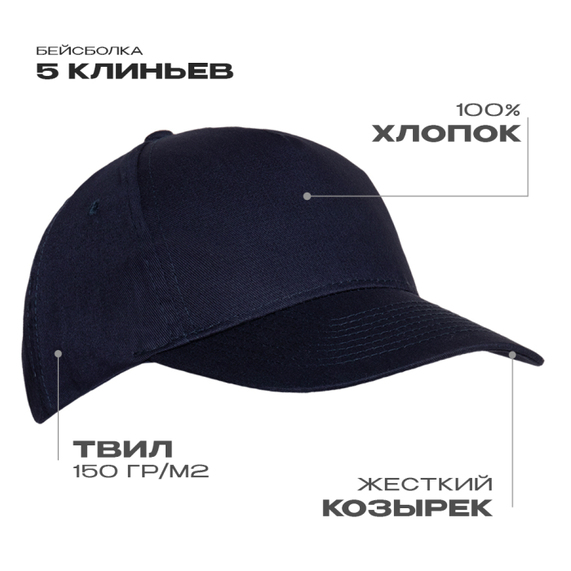 [Бейсболка STAN 5 клиньев хлопок 150, 10L, Тёмно-синий, (46) (56-58/ONE SIZE)]