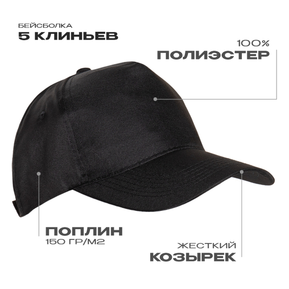 [Бейсболка STAN 5 клиньев полиэстер 150, 10P, Чёрный, (20) (56-58/ONE SIZE)]