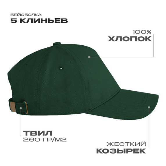 [Бейсболка STAN 5 клиньев хлопок, 260, 112, Тёмно-зелёный, (130) (56-58/ONE SIZE)]