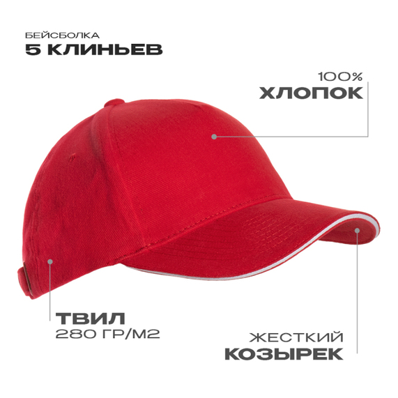 [Бейсболка с кантом STAN 5 клиньев хлопок 280, 11K, Красный, (14) (56-58/ONE SIZE)]
