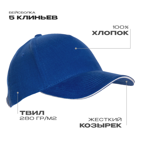 [Бейсболка с кантом STAN 5 клиньев хлопок 280, 11K, Синий, (16/1) (56-58/ONE SIZE)]