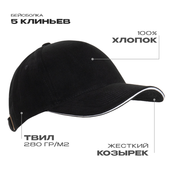 [Бейсболка с кантом STAN 5 клиньев хлопок 280, 11K, Чёрный, (20) (56-58/ONE SIZE)]