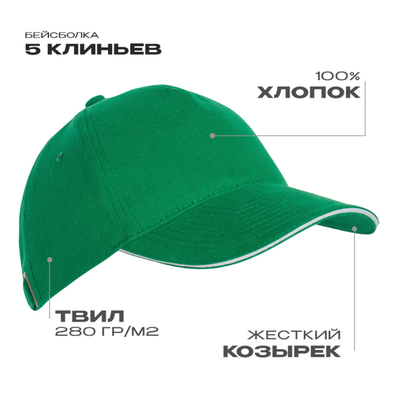 [Бейсболка с кантом STAN 5 клиньев хлопок 280, 11K, Зелёный, (30) (56-58/ONE SIZE)]