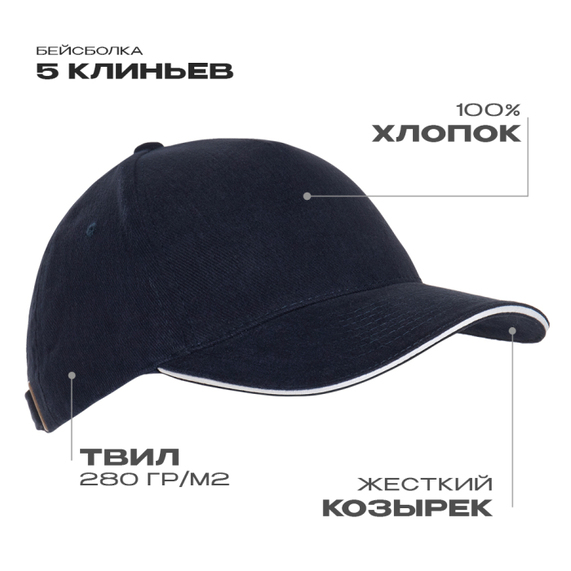 [Бейсболка с кантом STAN 5 клиньев хлопок 280, 11K, Тёмно-синий, (46) (56-58/ONE SIZE)]