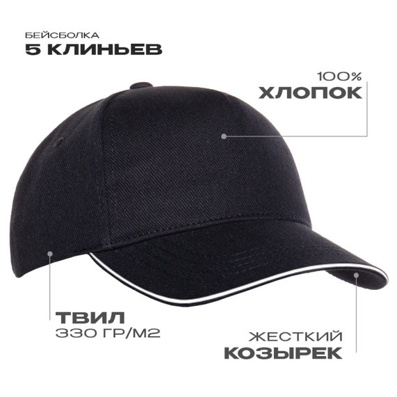 [Бейсболка с кантом STAN 5 клиньев хлопок 330, 04, Чёрный, (20) (56-58)]