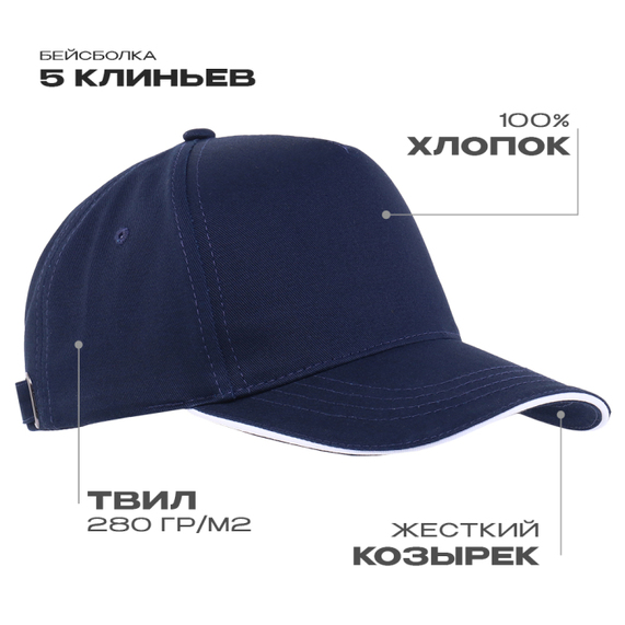 [Бейсболка с кантом STAN 5 клиньев хлопок 280, 14, Тёмно-синий, (46) (56-58)]