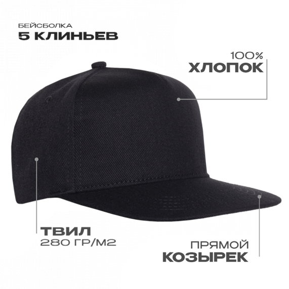 [Бейсболка прямой козырёк STAN 5 клиньев хлопок 280, 018, Чёрный, (20) (56-58)]