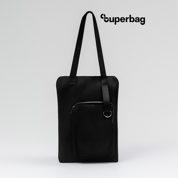 [Шоппер Superbag Pocket, с внутренним креплением (карабин) и чехлом для мелочей (черный)]