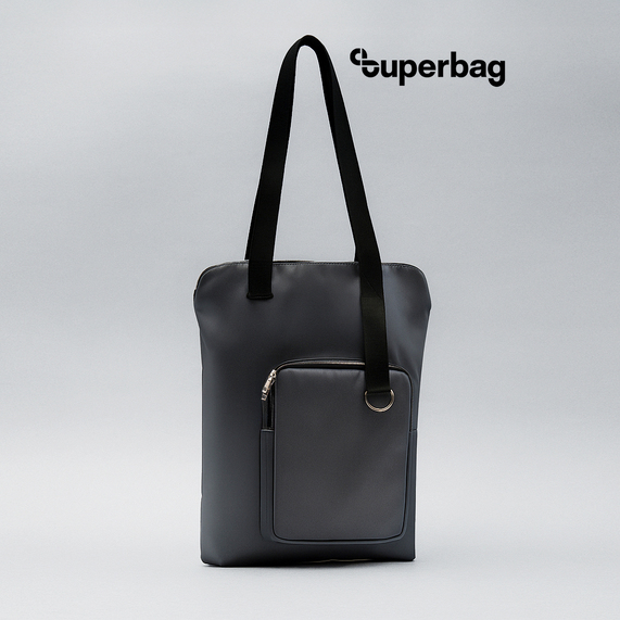 [Шоппер Superbag Pocket, с внутренним креплением (карабин) и чехлом для мелочей (серый с черным)]
